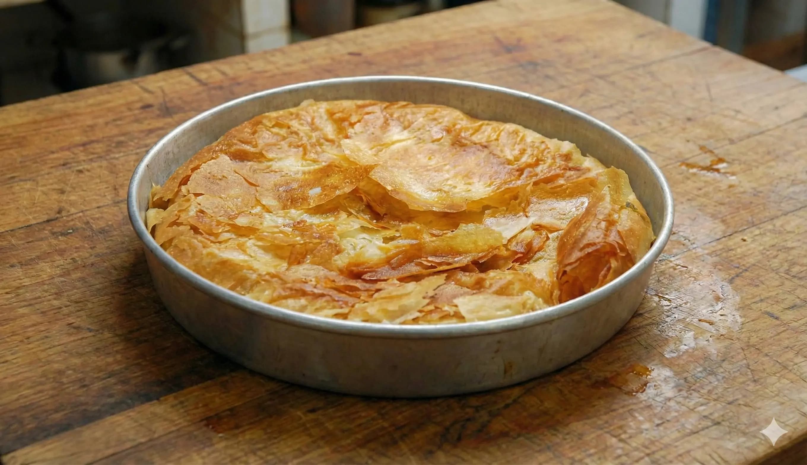 A pan of freshly baked, crispy round cheese burek on a wooden table in a bakery