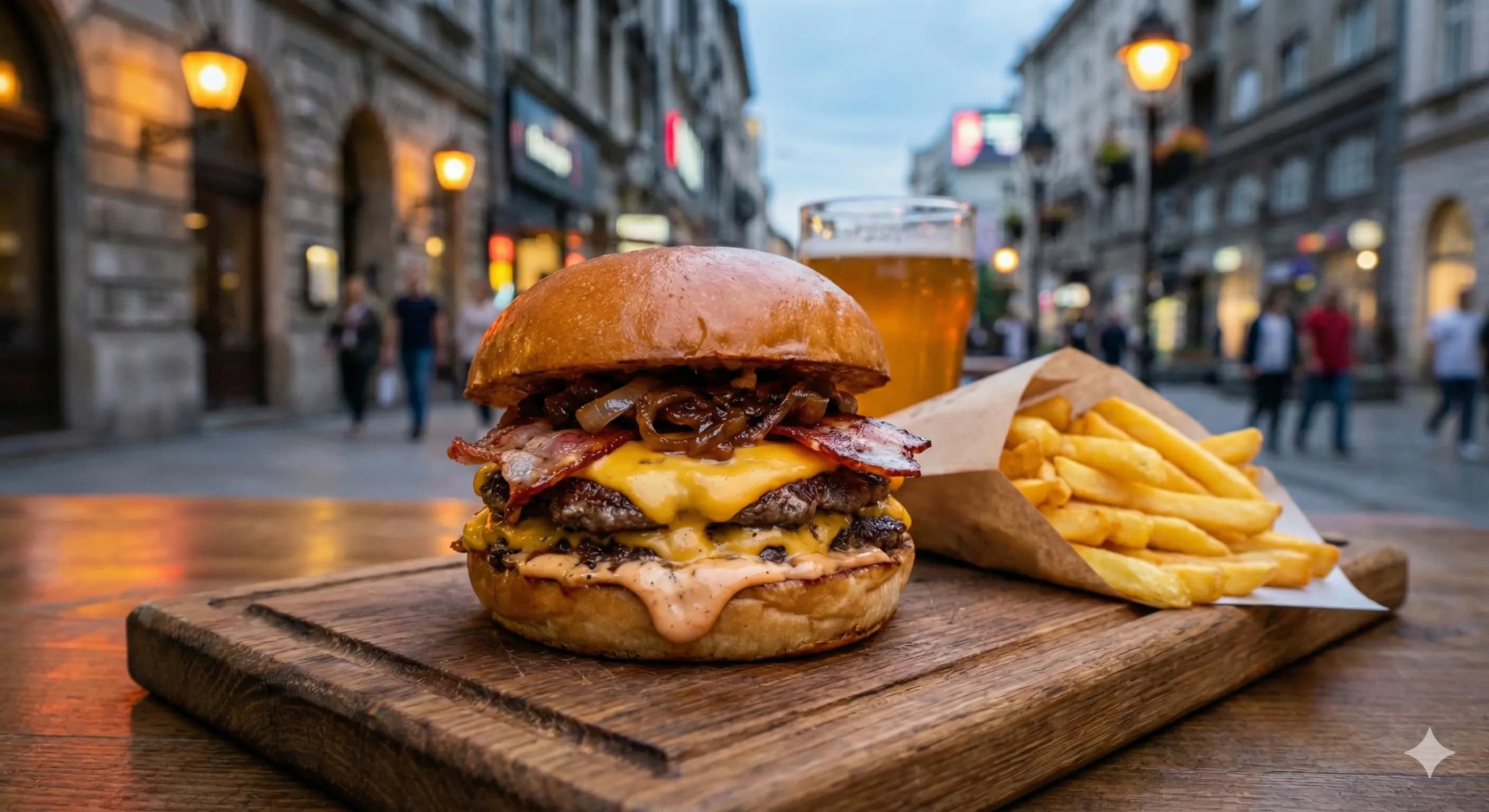 Juicy craft double smash burger with melted cheese, bacon, and fries in front of a street food joint