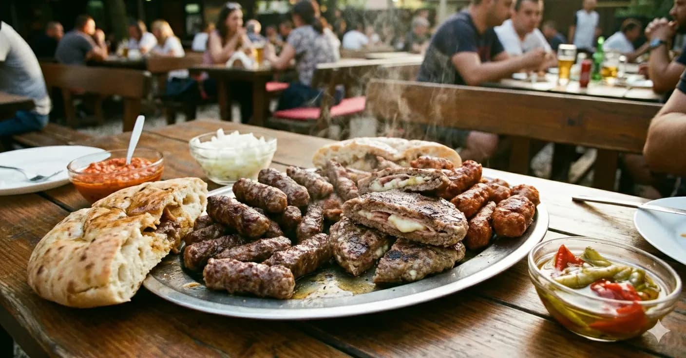 Traditional Serbian BBQ with cevapi, flatbread, and ajvar served on a wooden board